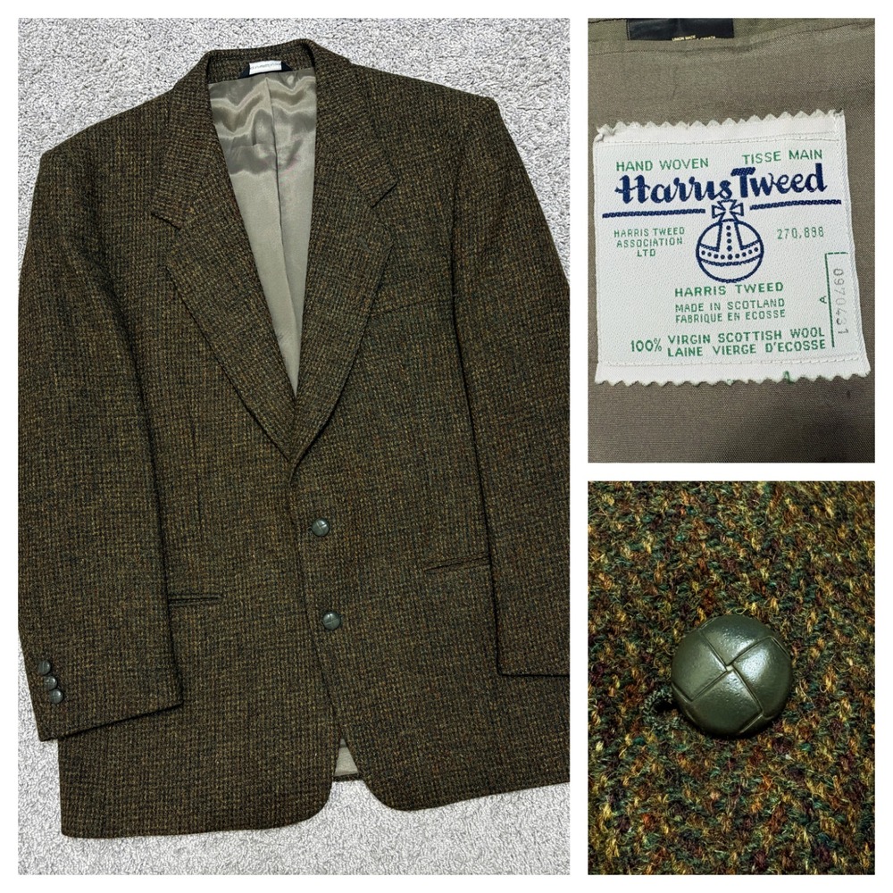 VTG Harris Tweed Blazer 44R Tall Green Brown Wool Sport Coat Scottish Hand Woven